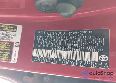 2015 Toyota Corolla Le из США, поврежденный, VIN 5YFBURHE6FP332900